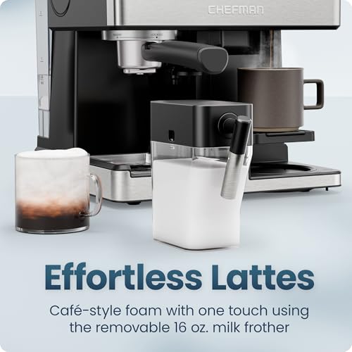Chefman Coffee Maker Espresso Machine Combo, 8-in-1 Coffee Station with Automatic Milk Frother for Lattes, Cappuccinos, Macchiatos, 20-Bar Pump, 12-Cup Carafe & 3L Water Tank - Black