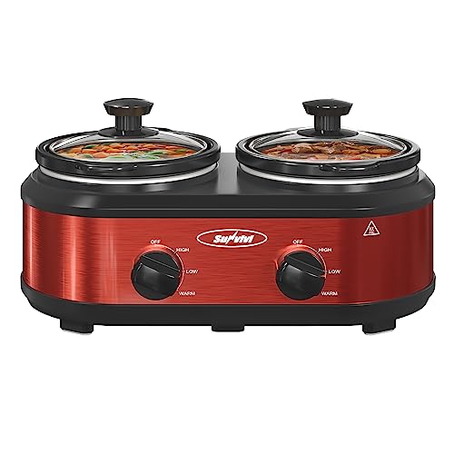 Slow Cooker, Dual and Triple Slow Cooker Buffet Server Multiple Pot Food Warmer, Slow Cooker Buffet Food Warmer Adjustable Temp Lid Rests Stainless Steel