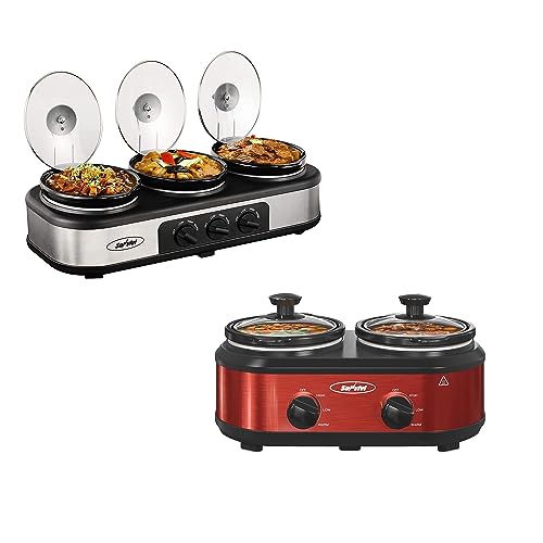 Slow Cooker, Dual and Triple Slow Cooker Buffet Server Multiple Pot Food Warmer, Slow Cooker Buffet Food Warmer Adjustable Temp Lid Rests Stainless Steel
