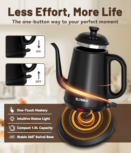 ELTRIKO Gooseneck Electric Kettle, 1L Water Boiler, Pour Over Coffee & Tea, 1000W Fast Heating, Stainless Steel, Auto Shut-Off & Boil-Dry Protection, BPA-Free