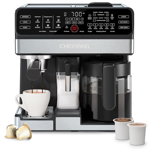 Chefman Coffee Maker Espresso Machine Combo, 8-in-1 Coffee Station with Automatic Milk Frother for Lattes, Cappuccinos, Macchiatos, 20-Bar Pump, 12-Cup Carafe & 3L Water Tank - Black