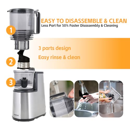 VITAPLUS Cold Press Juicer with Stainless Steel Auger, Lab-Certified Food-Safe, AC Motor, 5.8" Whole-Fruit Chute, High Juice Yield Slow Masticating Juicer for Juice & Nut Milk, BPA-Free, Easy Clean