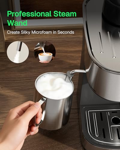 HBN Espresso Machine, 3.5Bar Cappuccino & Latte Maker, 2-4 Cup Stainless Steel Coffee Machine with Milk Frother, 800W Espresso Machine Maker with Steamer, Compact Coffee Maker for Home and Office