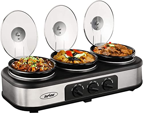 Slow Cooker, Dual and Triple Slow Cooker Buffet Server Multiple Pot Food Warmer, Slow Cooker Buffet Food Warmer Adjustable Temp Lid Rests Stainless Steel