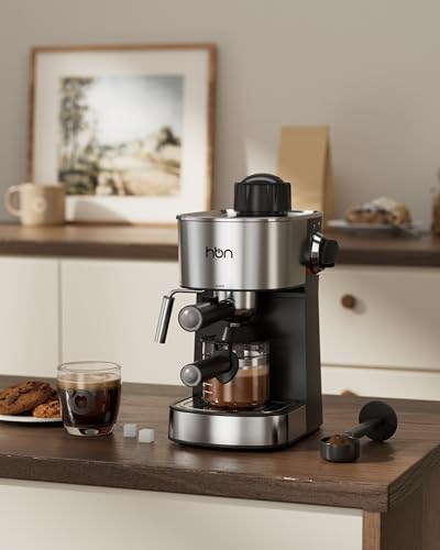 HBN Espresso Machine, 3.5Bar Cappuccino & Latte Maker, 2-4 Cup Stainless Steel Coffee Machine with Milk Frother, 800W Espresso Machine Maker with Steamer, Compact Coffee Maker for Home and Office
