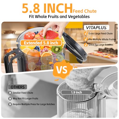 VITAPLUS Cold Press Juicer with Stainless Steel Auger, Lab-Certified Food-Safe, AC Motor, 5.8" Whole-Fruit Chute, High Juice Yield Slow Masticating Juicer for Juice & Nut Milk, BPA-Free, Easy Clean
