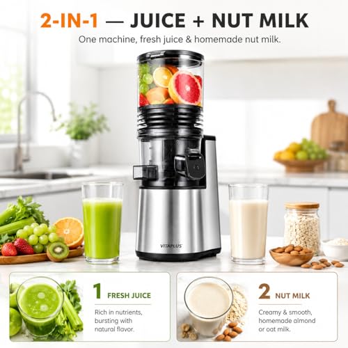VITAPLUS Cold Press Juicer with Stainless Steel Auger, Lab-Certified Food-Safe, AC Motor, 5.8" Whole-Fruit Chute, High Juice Yield Slow Masticating Juicer for Juice & Nut Milk, BPA-Free, Easy Clean