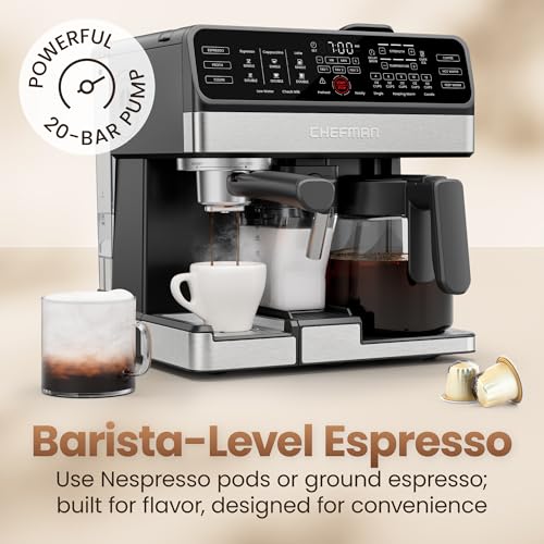 Chefman Coffee Maker Espresso Machine Combo, 8-in-1 Coffee Station with Automatic Milk Frother for Lattes, Cappuccinos, Macchiatos, 20-Bar Pump, 12-Cup Carafe & 3L Water Tank - Black