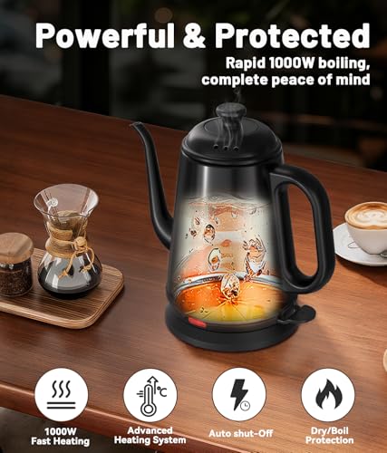 ELTRIKO Gooseneck Electric Kettle, 1L Water Boiler, Pour Over Coffee & Tea, 1000W Fast Heating, Stainless Steel, Auto Shut-Off & Boil-Dry Protection, BPA-Free