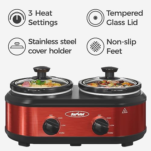 Slow Cooker, Dual and Triple Slow Cooker Buffet Server Multiple Pot Food Warmer, Slow Cooker Buffet Food Warmer Adjustable Temp Lid Rests Stainless Steel