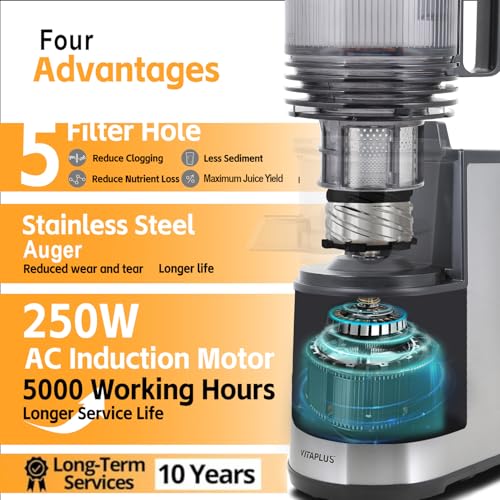 VITAPLUS Cold Press Juicer with Stainless Steel Auger, Lab-Certified Food-Safe, AC Motor, 5.8" Whole-Fruit Chute, High Juice Yield Slow Masticating Juicer for Juice & Nut Milk, BPA-Free, Easy Clean