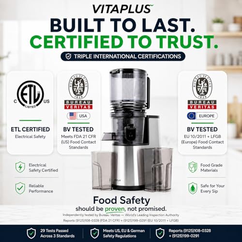 VITAPLUS Cold Press Juicer with Stainless Steel Auger, Lab-Certified Food-Safe, AC Motor, 5.8" Whole-Fruit Chute, High Juice Yield Slow Masticating Juicer for Juice & Nut Milk, BPA-Free, Easy Clean
