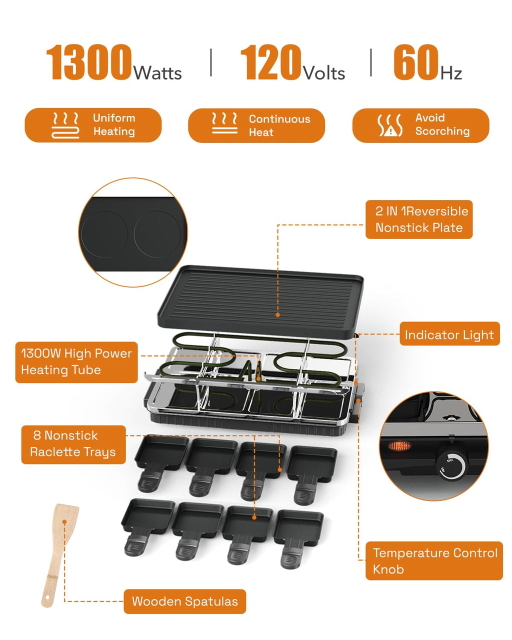 HBN Electric Raclette Grill with 8 Warming Trays