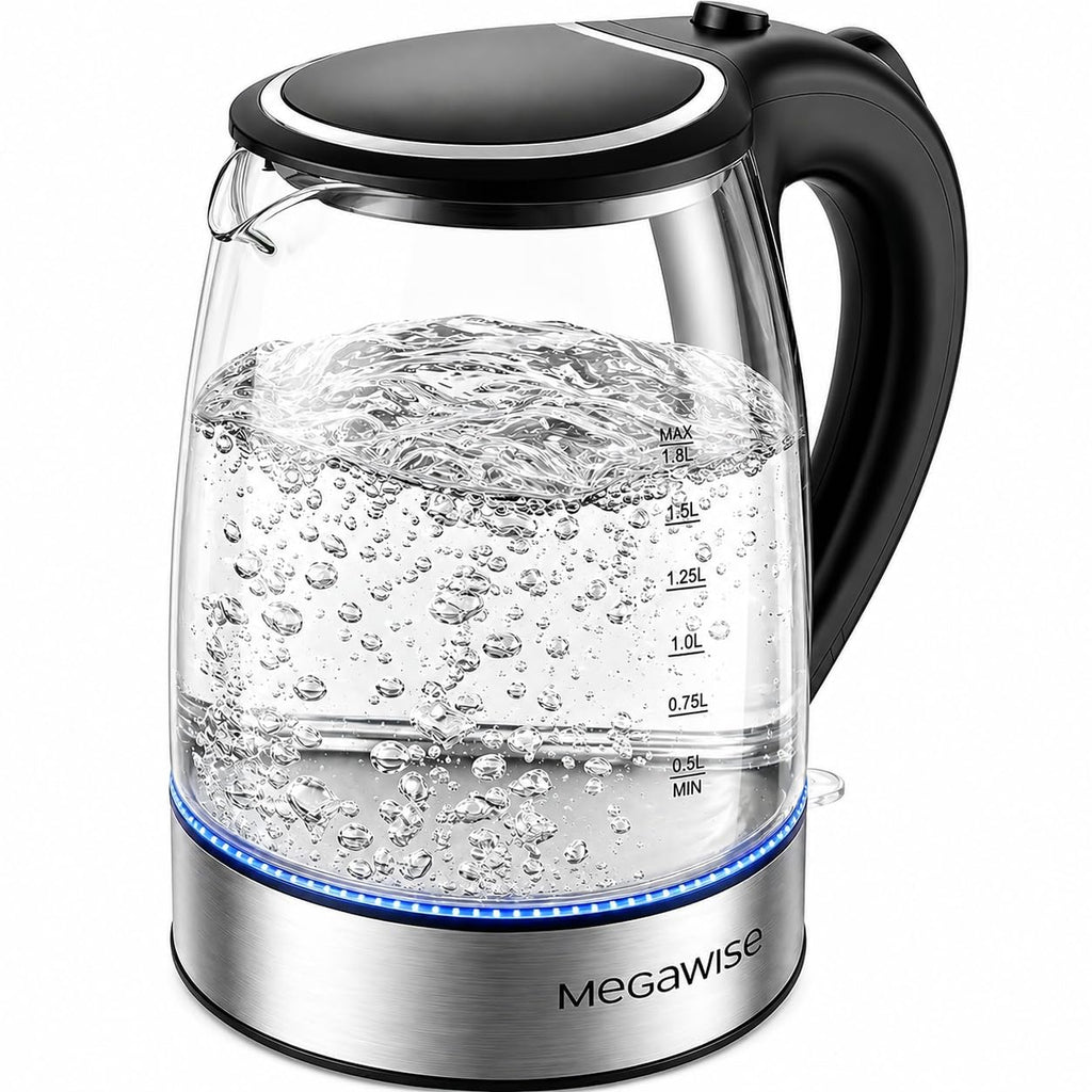 MEGAWISE 1.8L Electric Glass Kettle with Auto Shut-Off and Blue LED
