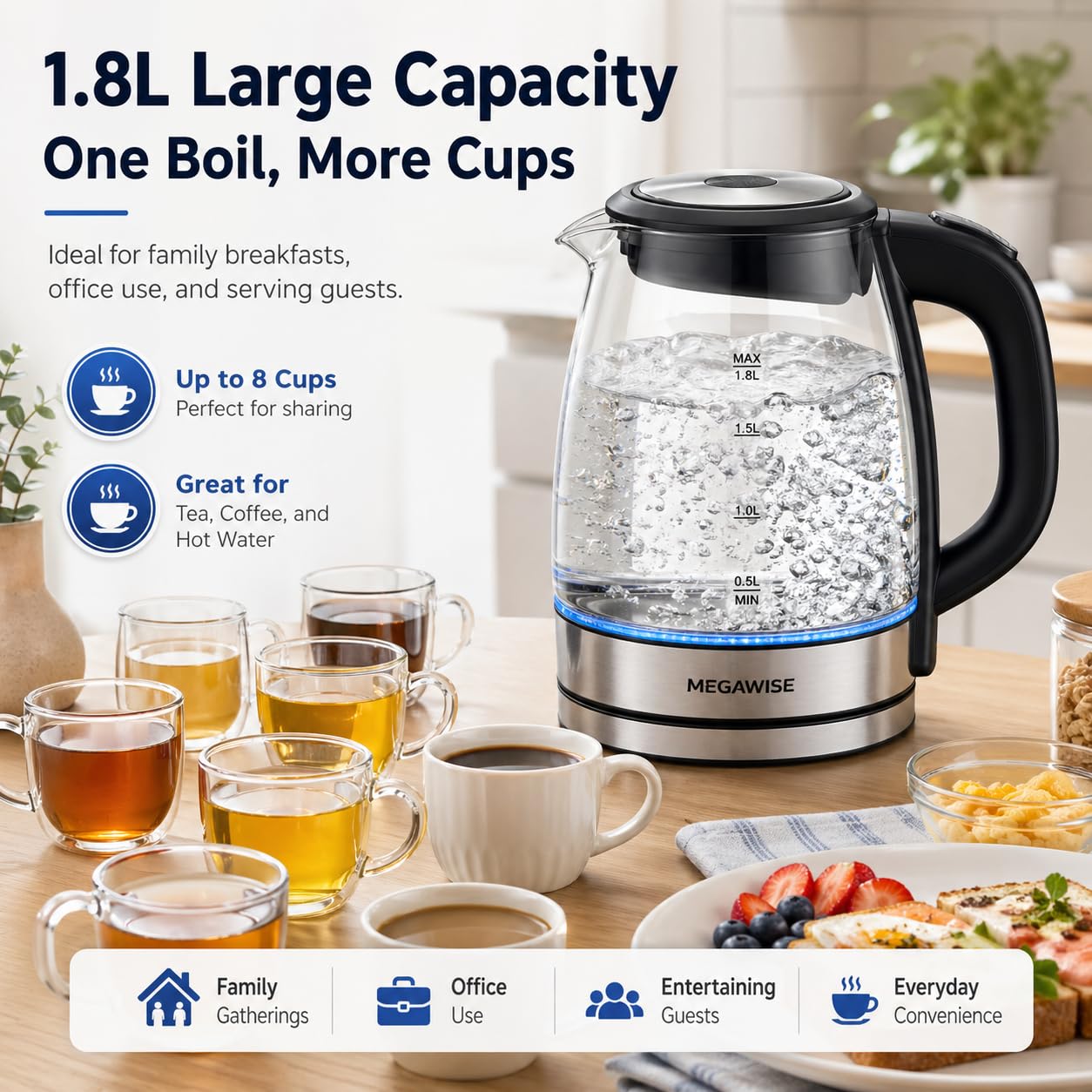 MEGAWISE 1.8L Electric Glass Kettle with Auto Shut-Off and Blue LED
