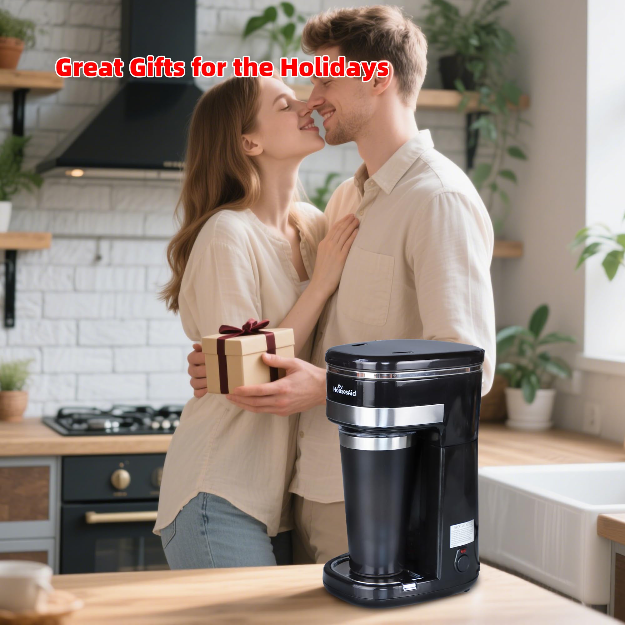 HousesAid Coffee Machine,Single Serve Coffee Maker,One Cup Coffee Maker with Reusable Filter&One-touch Control Button,Portable Brewer for Camping