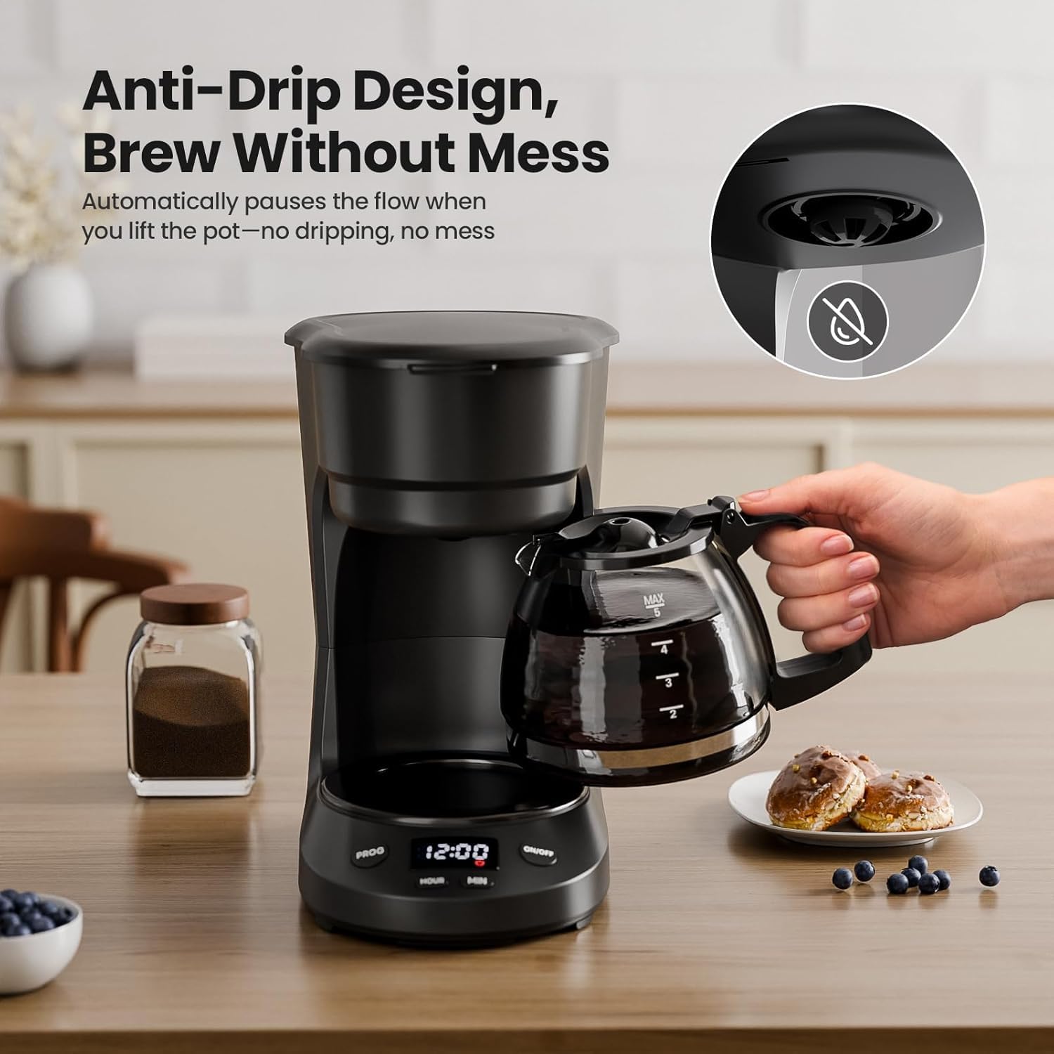 Kismile 5-Cup Drip Coffee Machine with LED Display, Small Coffee Maker with Anti-Drip, Timer, Auto Shut-Off