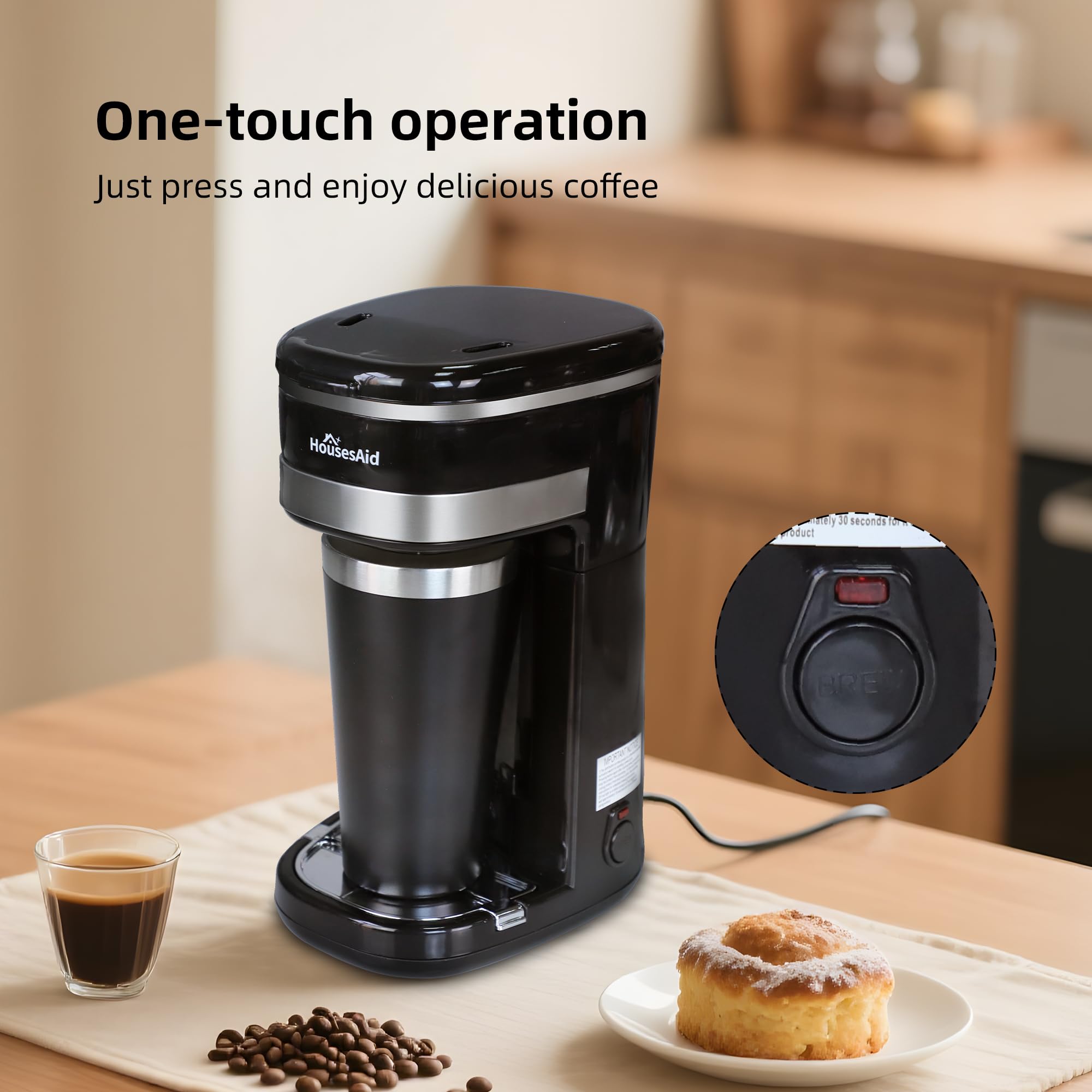 HousesAid Coffee Machine,Single Serve Coffee Maker,One Cup Coffee Maker with Reusable Filter&One-touch Control Button,Portable Brewer for Camping