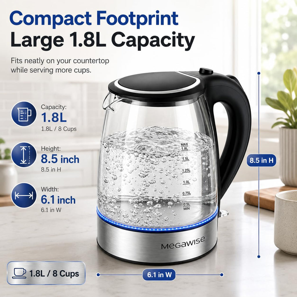 MEGAWISE 1.8L Electric Glass Kettle with Auto Shut-Off and Blue LED