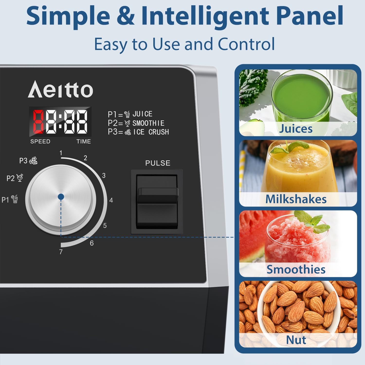 Aeitto 3 Preset Programs & 7 Speeds Professional Countertop Blender for Smoothies MAY