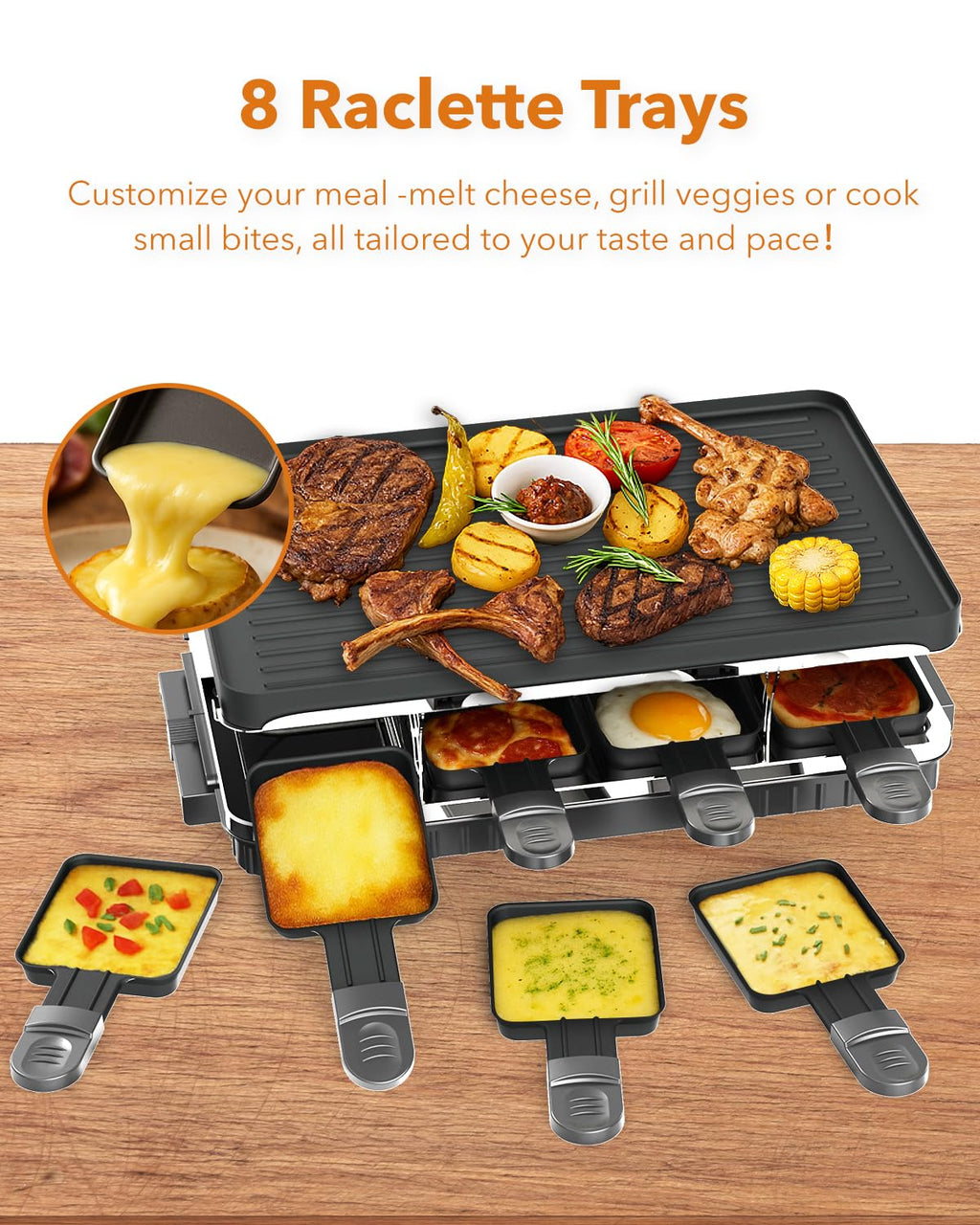 HBN Electric Raclette Grill with 8 Warming Trays