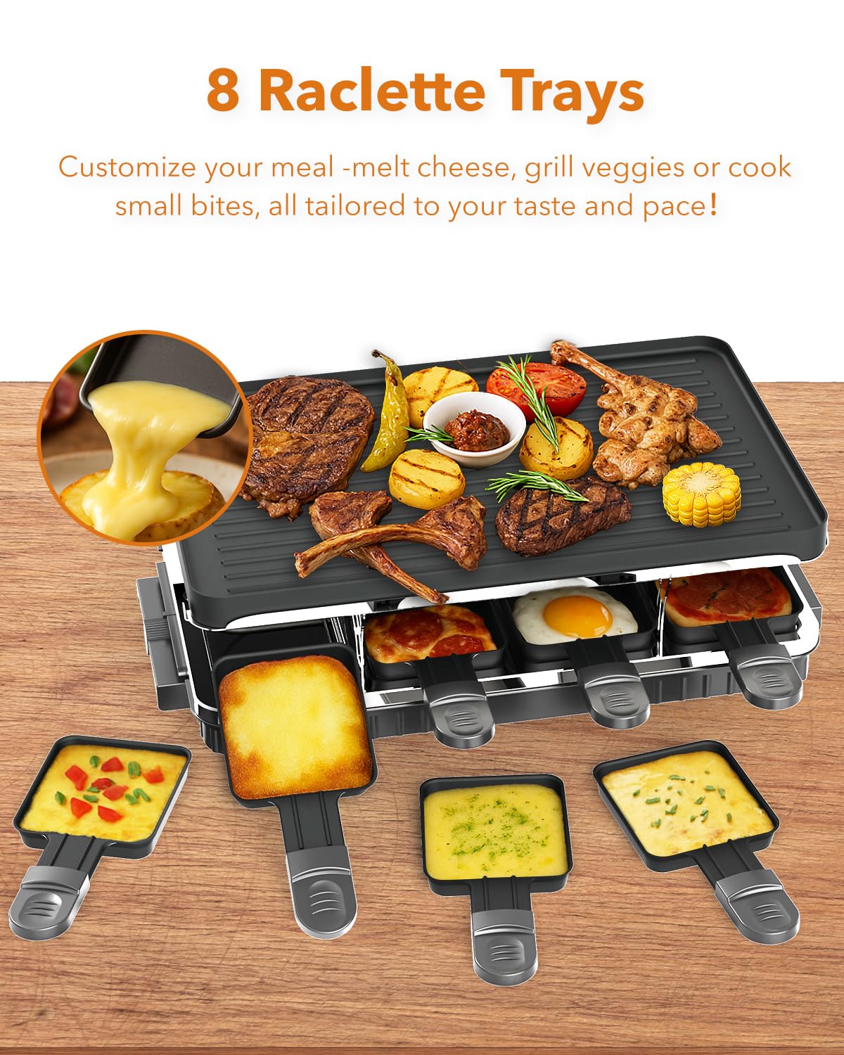 HBN Electric Raclette Grill with 8 Warming Trays