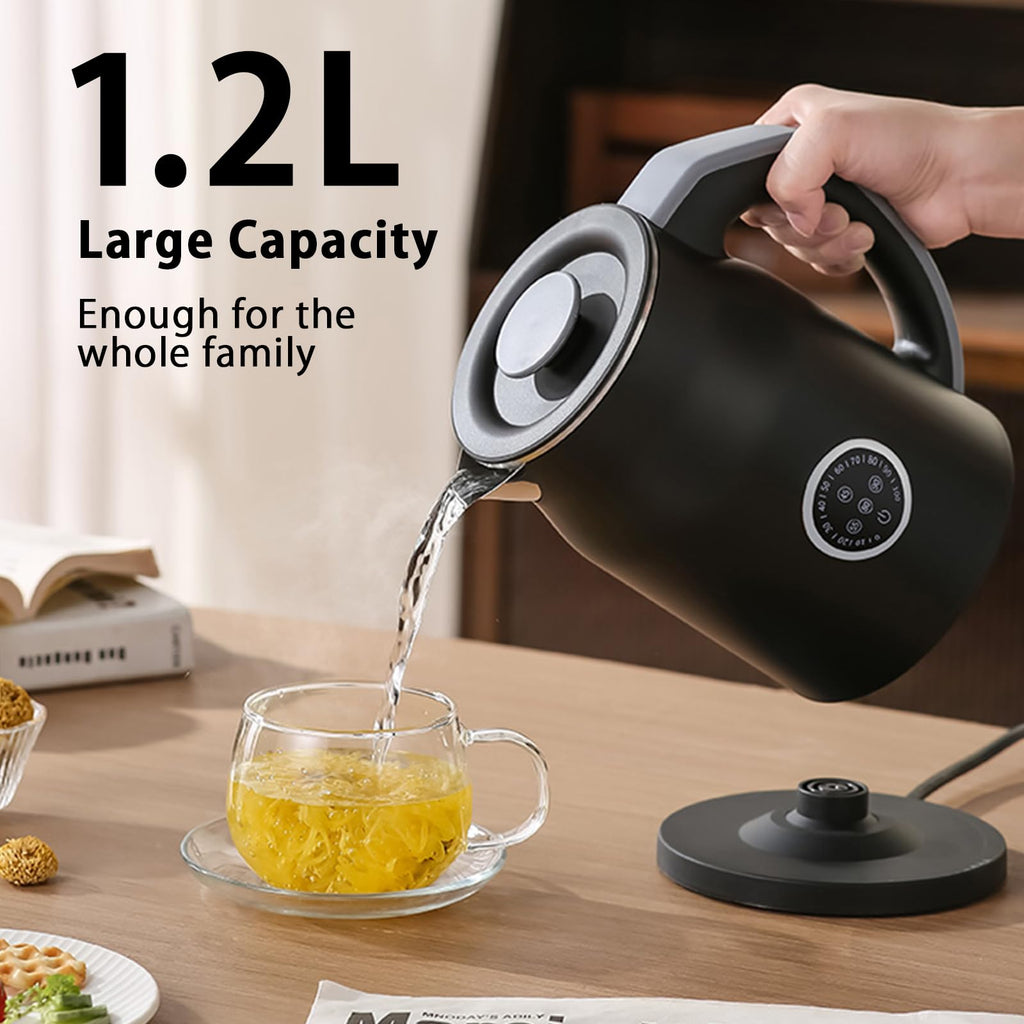V-33 Electric Kettle 1.2L with 45-90C Temperature Control, 1000W Fast Heating, 16H Keep Warm & 3-Min Lift Memory, Cool Touch Double Wall, 304 Stainless Steel, Black