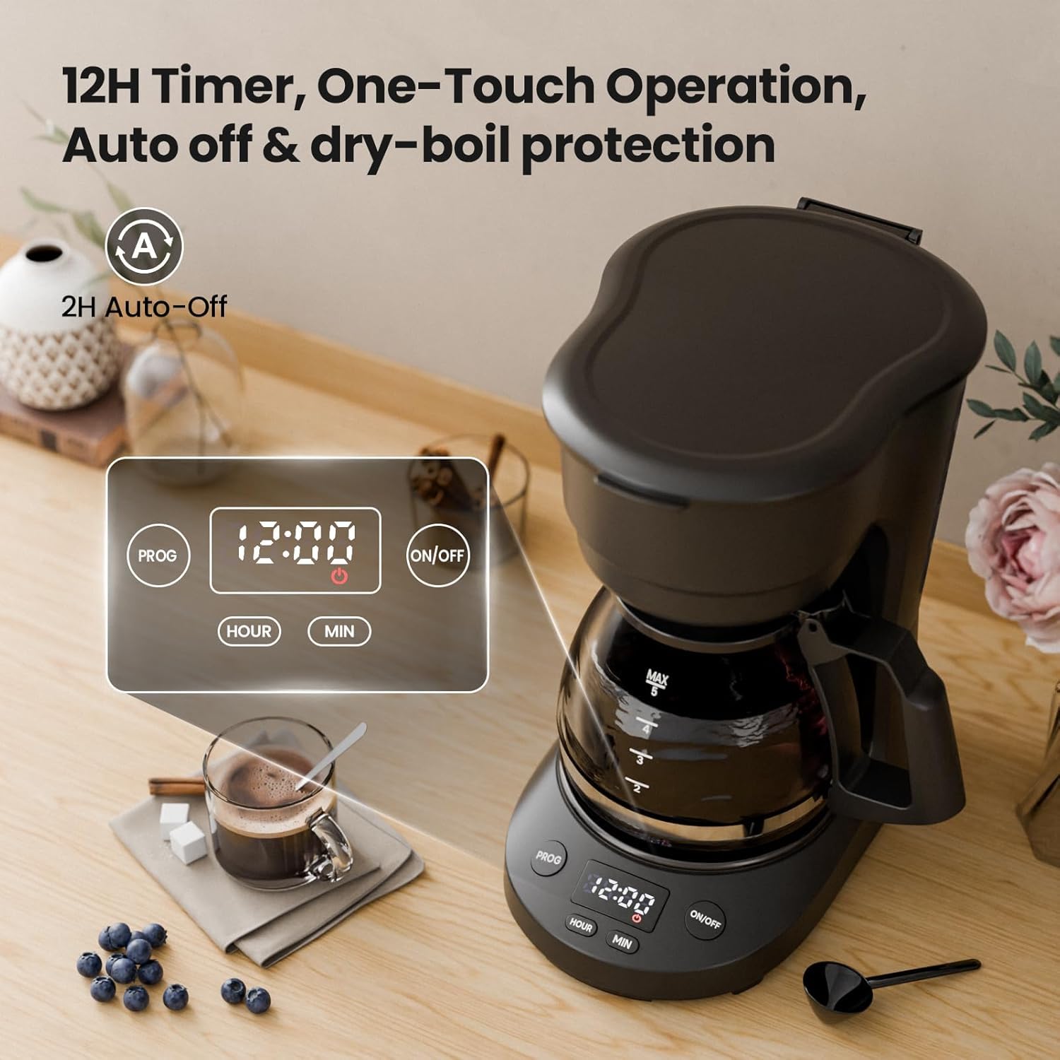 Kismile 5-Cup Drip Coffee Machine with LED Display, Small Coffee Maker with Anti-Drip, Timer, Auto Shut-Off