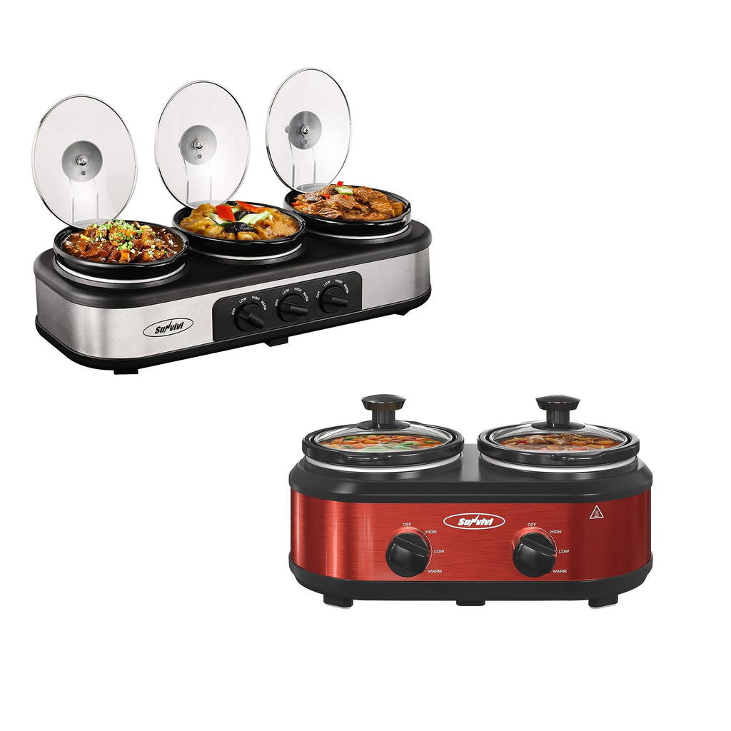 Slow Cooker, Dual and Triple Slow Cooker Buffet Server Multiple Pot Food Warmer, Slow Cooker Buffet Food Warmer Adjustable Temp Lid Rests Stainless Steel