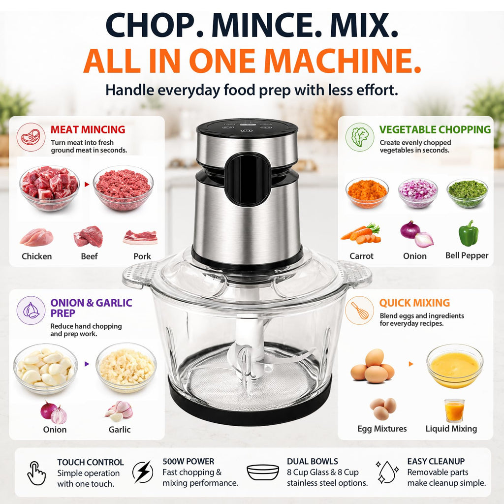 500W Touch-Control Food Processor for Meat & Vegetables