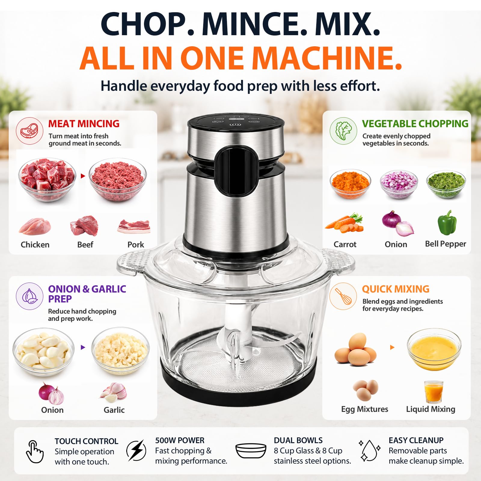 500W Touch-Control Food Processor for Meat & Vegetables