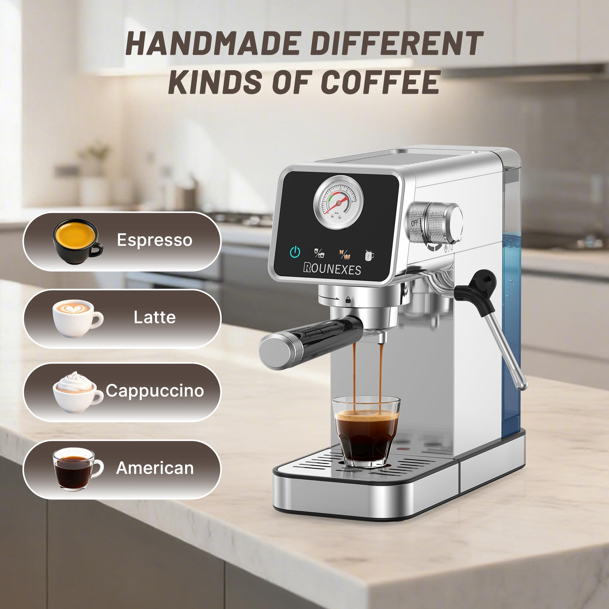 Rounexes 20 Bar Espresso Machine with Milk Frother, Semi-Automatic Espresso Machine with Pressure Gauge & Touchscreen, Compact Stainless Steel Espresso Maker for Home & Office, 51mm Portafilter
