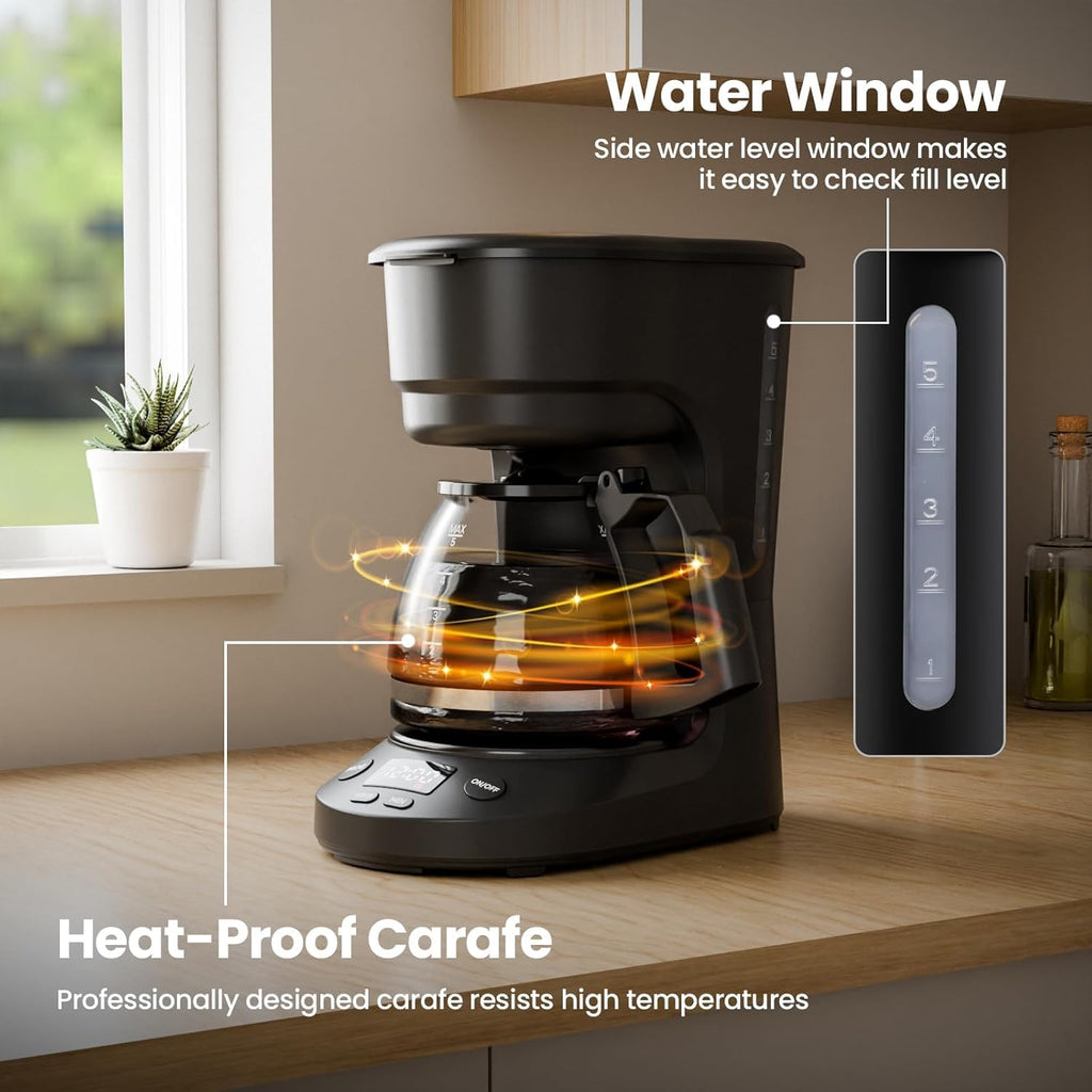 Kismile 5-Cup Drip Coffee Machine with LED Display, Small Coffee Maker with Anti-Drip, Timer, Auto Shut-Off