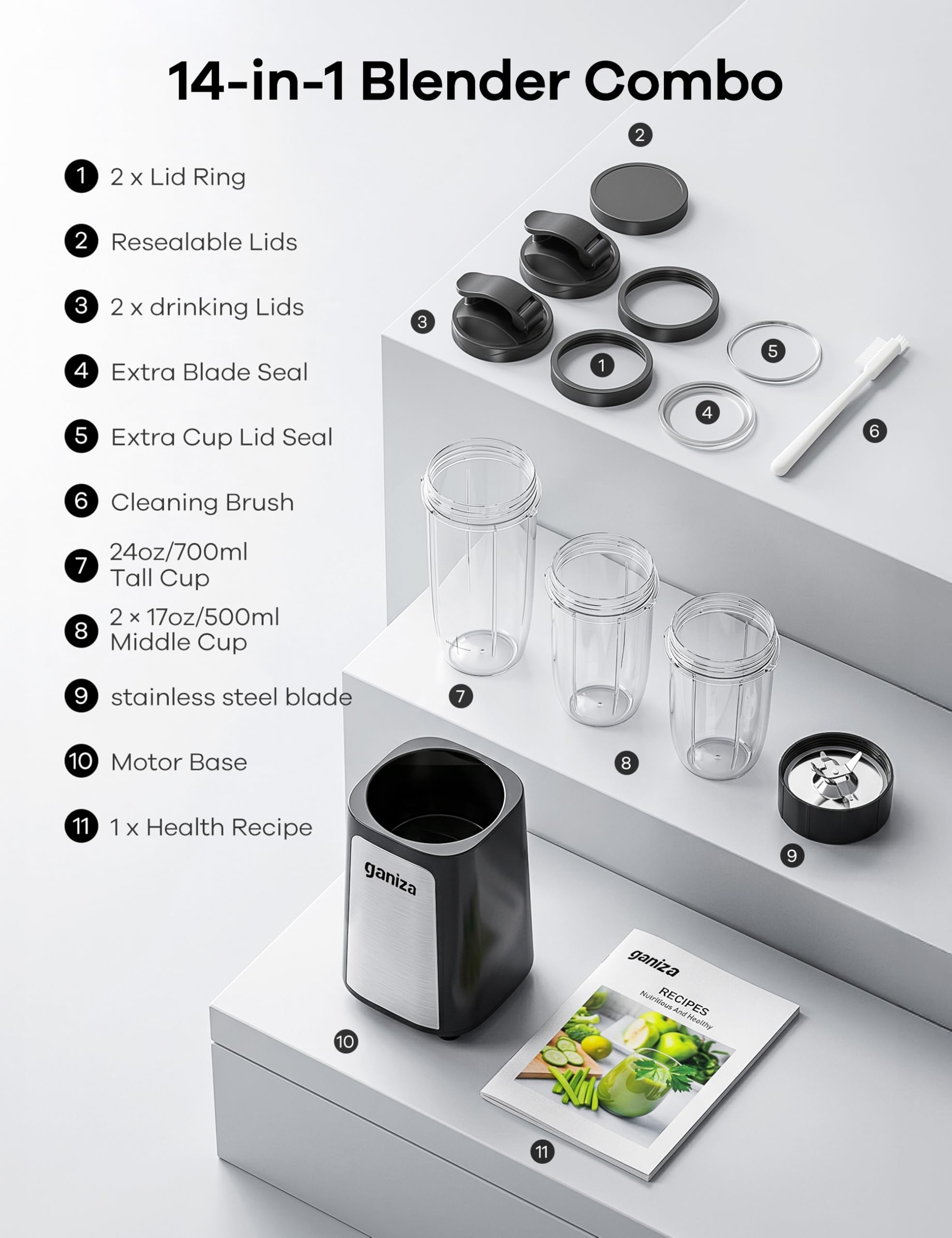Ganiza 14-Piece Personal Blender with 3 Portable Cups