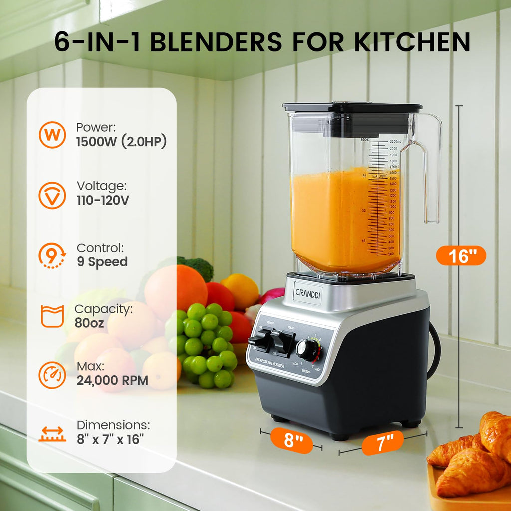 CRANDDI 1500W Commercial Blender with 80 oz Pitcher