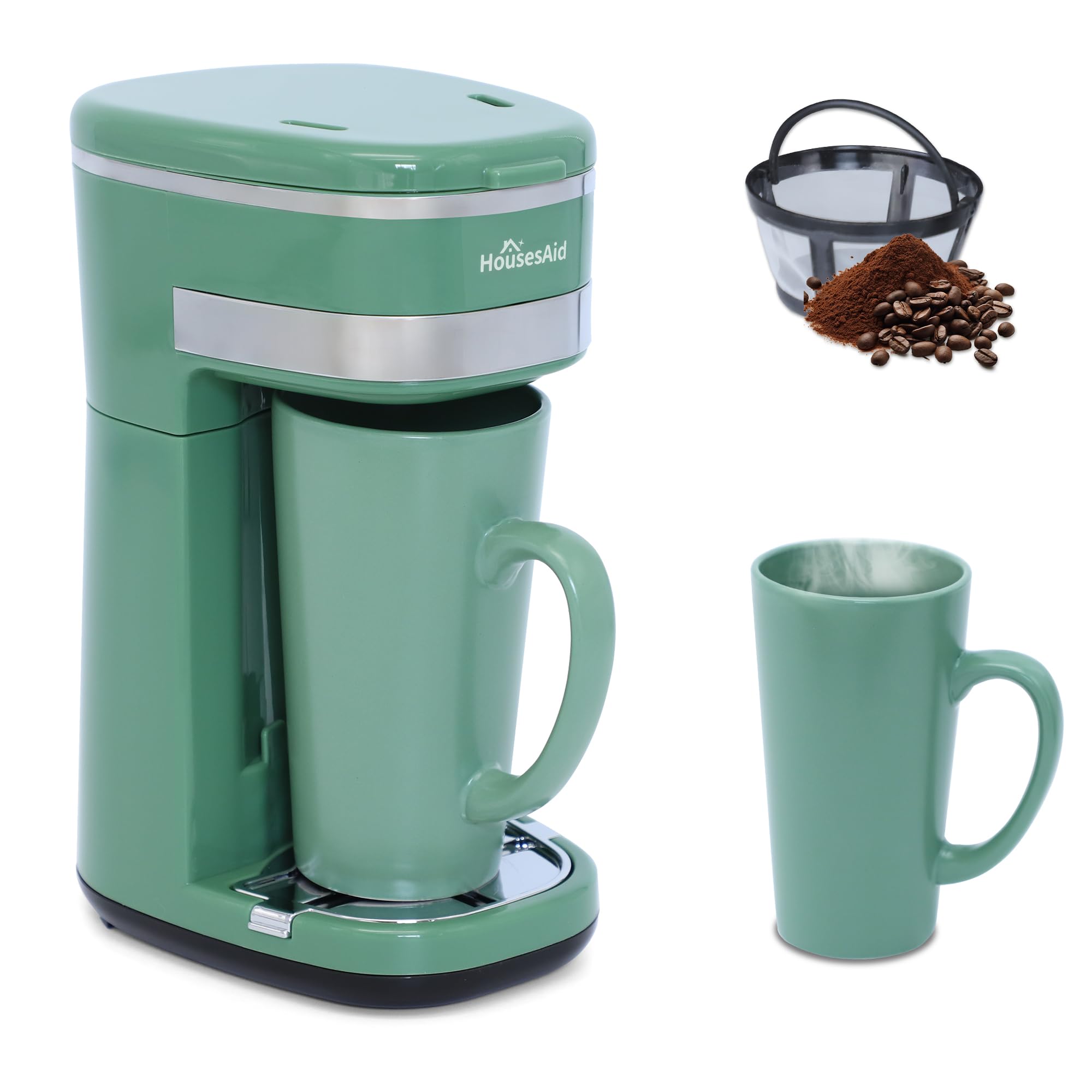 HousesAid Coffee Machine,Single Serve Coffee Maker,One Cup Coffee Maker with Reusable Filter&One-touch Control Button,Portable Brewer for Camping