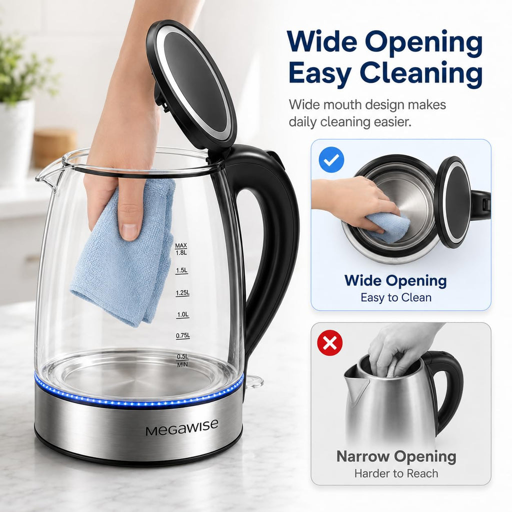 MEGAWISE 1.8L Electric Glass Kettle with Auto Shut-Off and Blue LED
