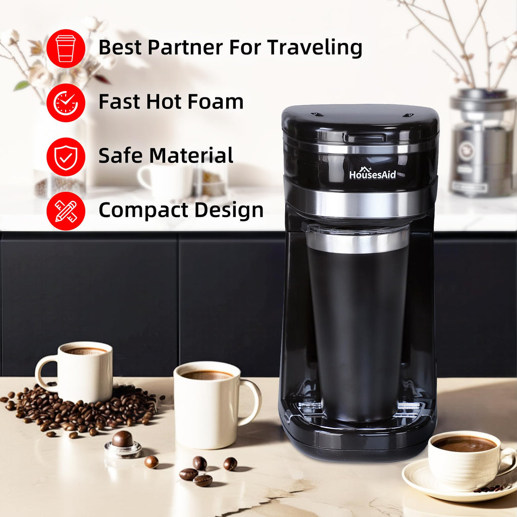 HousesAid Coffee Machine,Single Serve Coffee Maker,One Cup Coffee Maker with Reusable Filter&One-touch Control Button,Portable Brewer for Camping