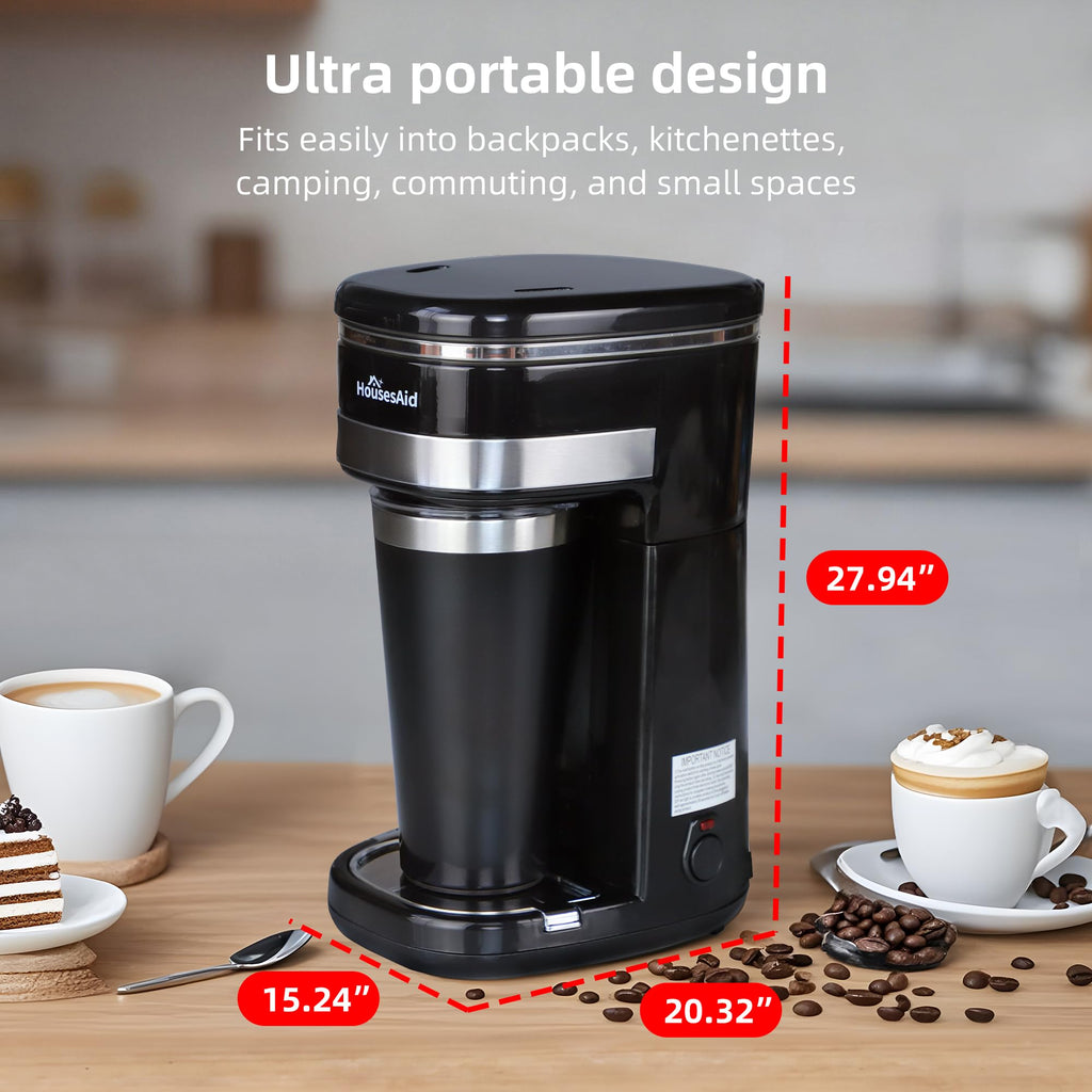 HousesAid Coffee Machine,Single Serve Coffee Maker,One Cup Coffee Maker with Reusable Filter&One-touch Control Button,Portable Brewer for Camping