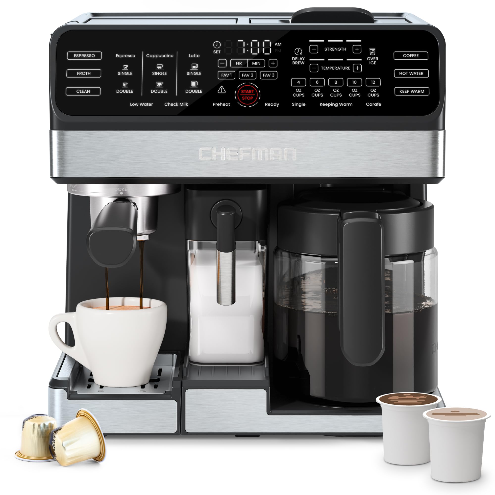 Chefman Coffee Maker Espresso Machine Combo, 8-in-1 Coffee Station with Automatic Milk Frother for Lattes, Cappuccinos, Macchiatos, 20-Bar Pump, 12-Cup Carafe & 3L Water Tank - Black