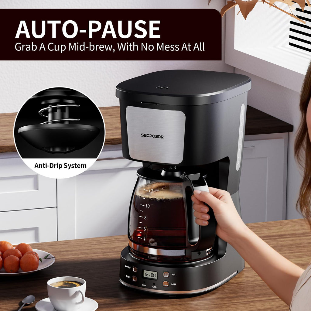 SECPOEDR 12 Cup Programmable Drip Coffee Maker, Auto Brew Coffee Machine
