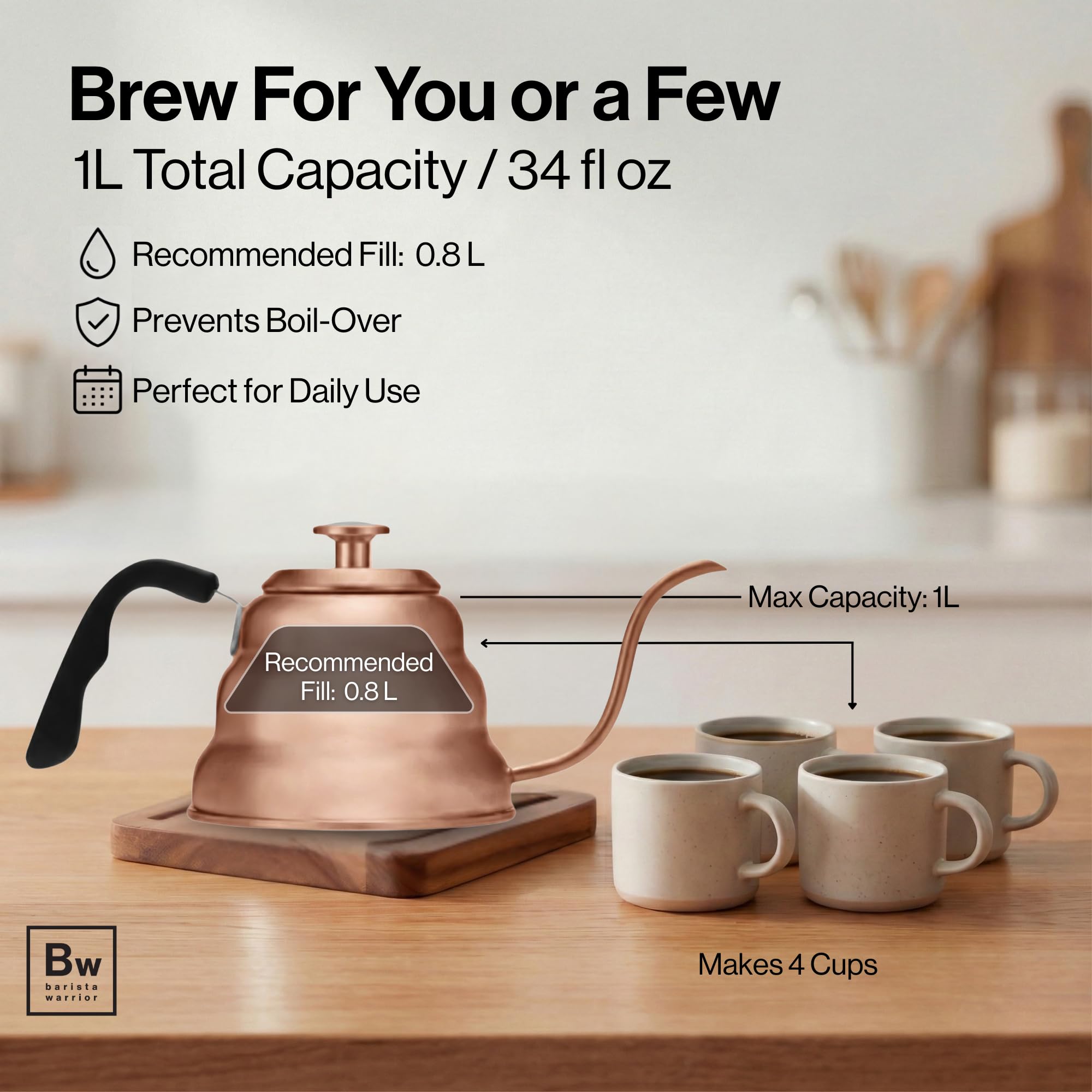 Barista Warrior Gooseneck Kettle with Built-In Thermometer for Pour Over Coffee & Tea - 1L Stainless Steel Kettle Stovetop Safe with Precision Spout