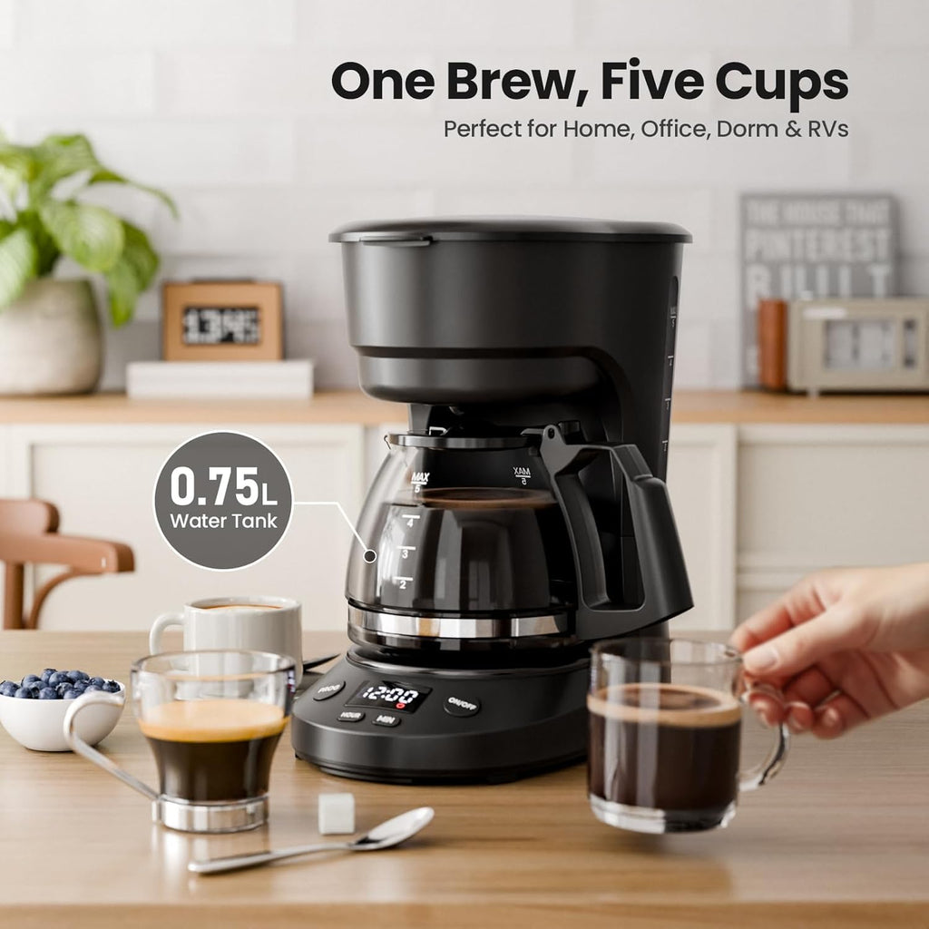 Kismile 5-Cup Drip Coffee Machine with LED Display, Small Coffee Maker with Anti-Drip, Timer, Auto Shut-Off