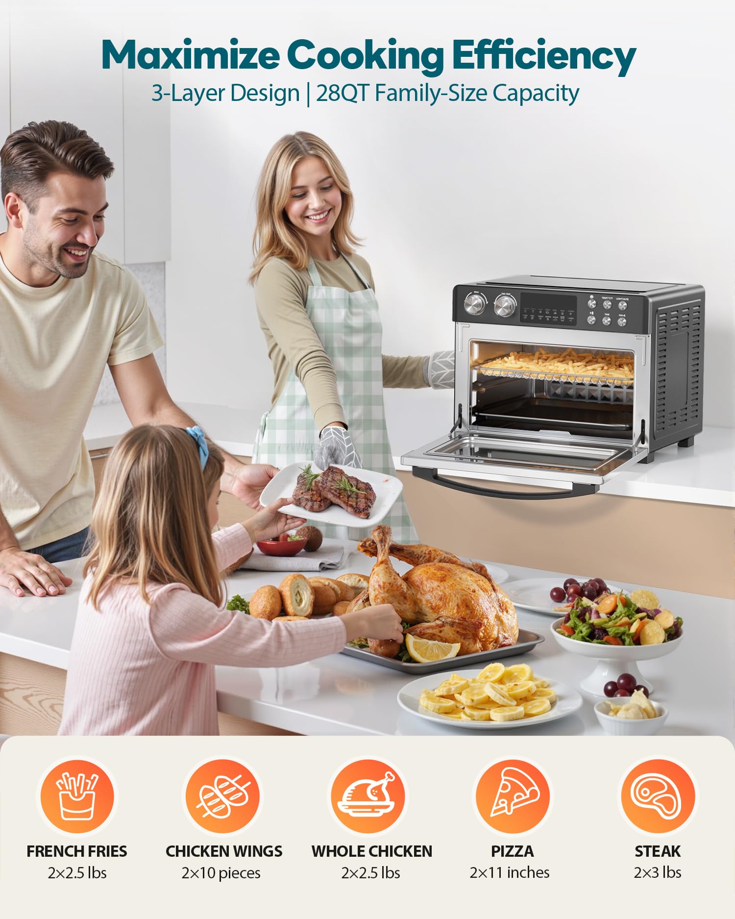 28QT Air Fryer Toaster Oven Combo, Large Countertop Oven with Next-Gen HeatWave Convection, 3-Layer Cooking, Black