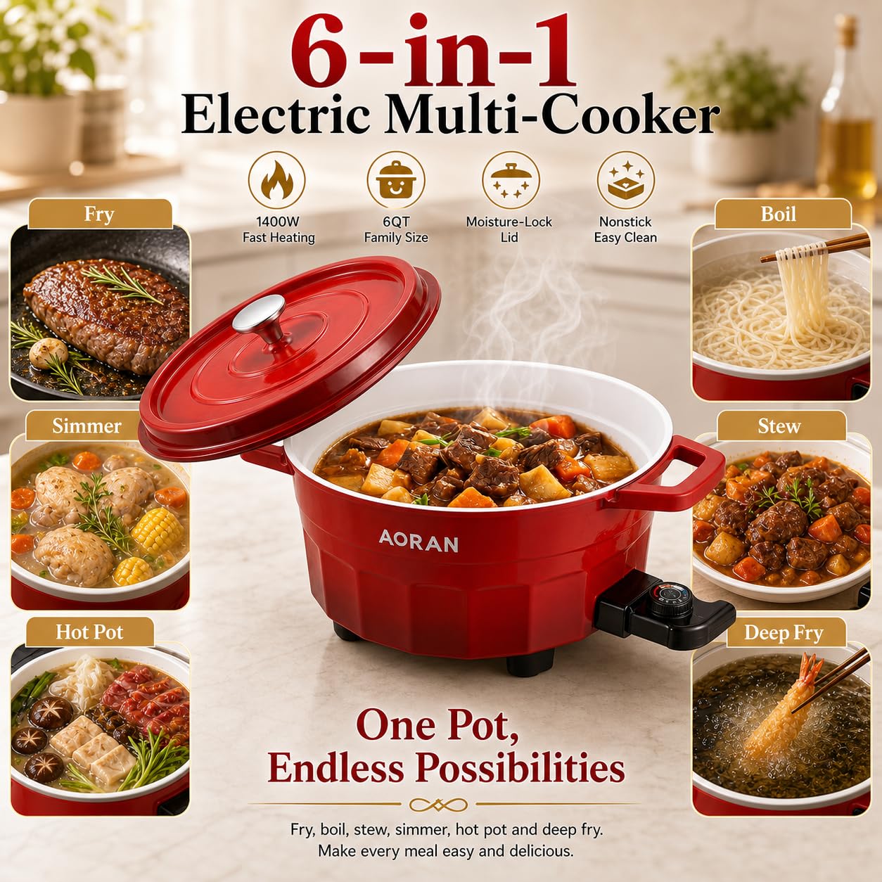 AORAN 6.5-Quart Electric Hot Pot & Nonstick Griddle