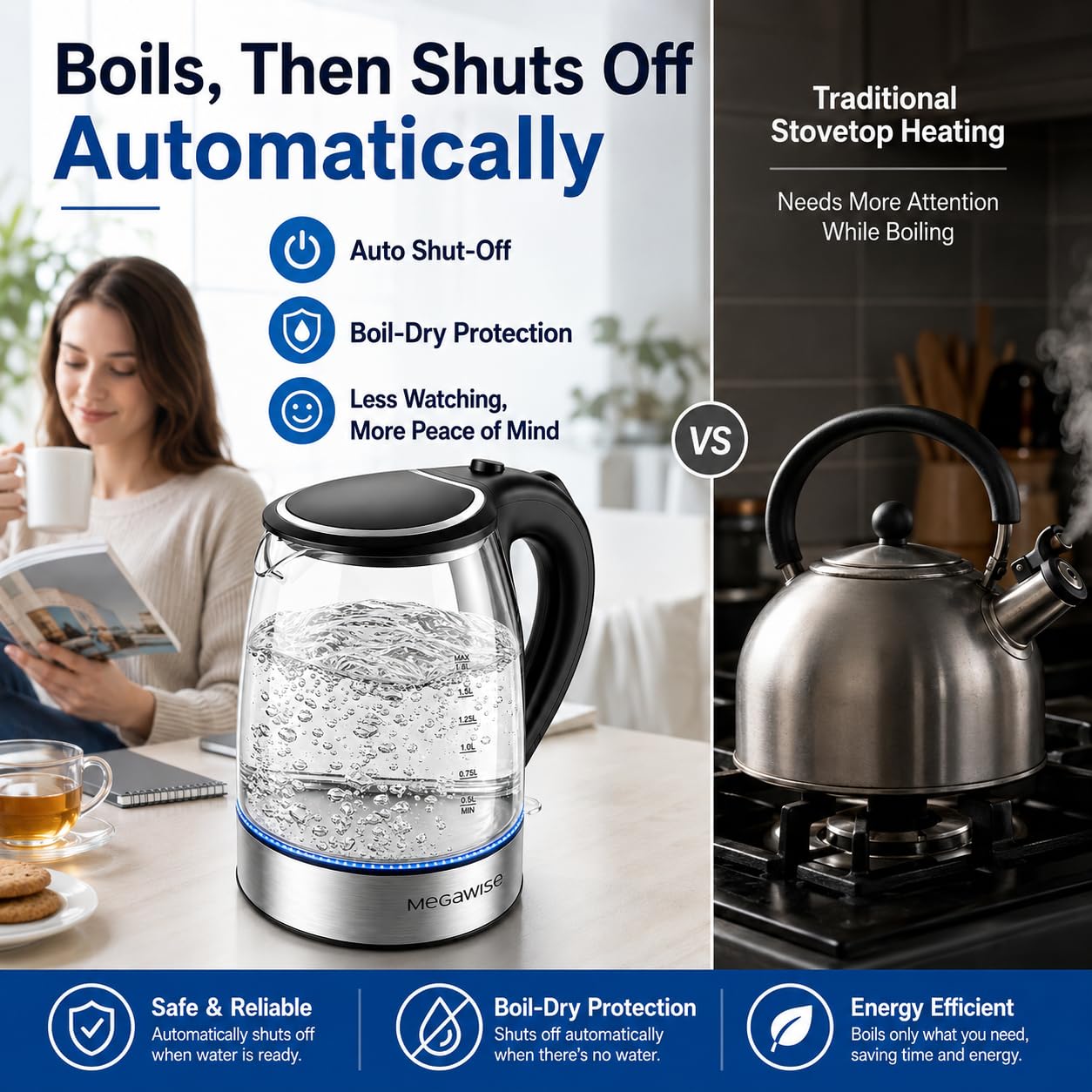 MEGAWISE 1.8L Electric Glass Kettle with Auto Shut-Off and Blue LED
