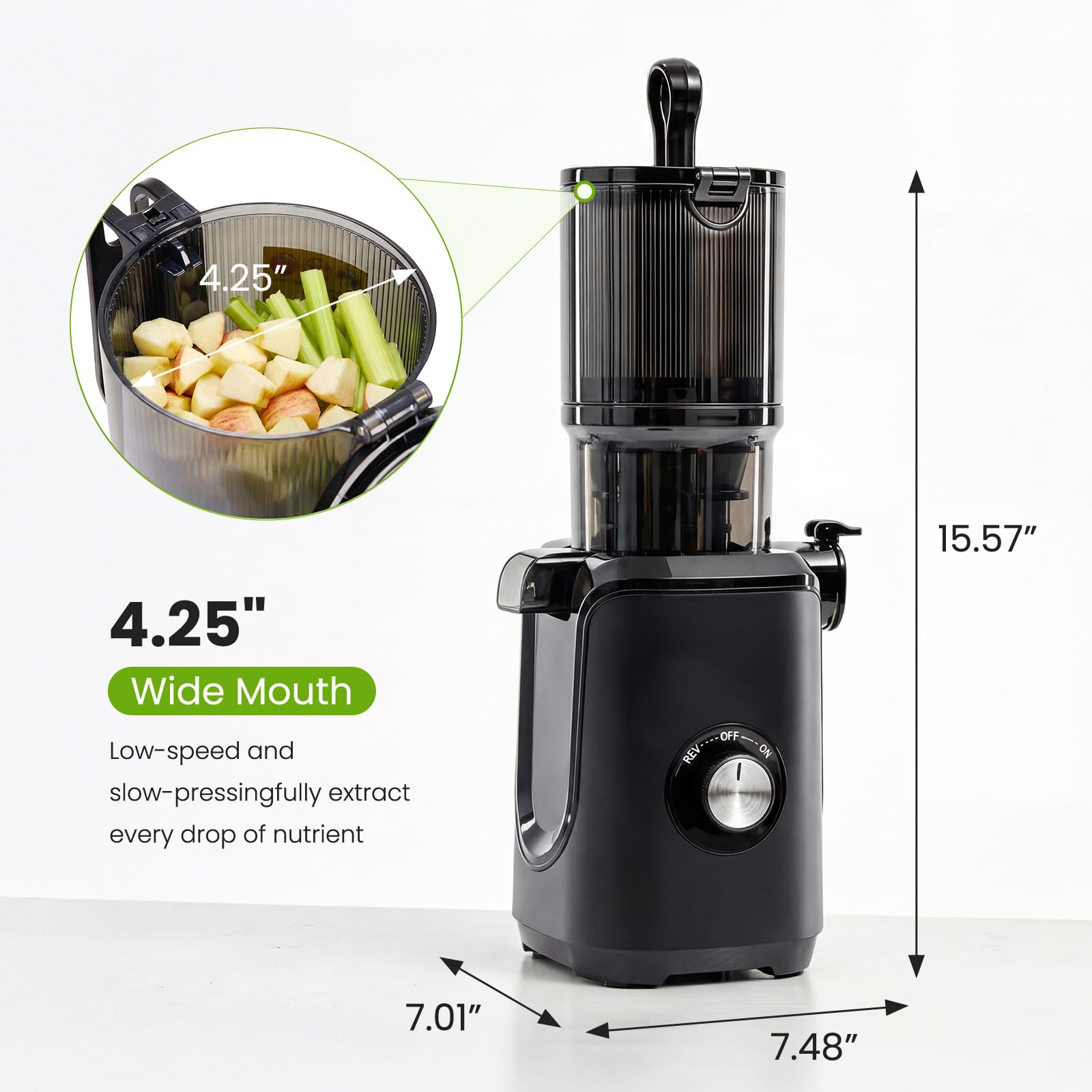 KMFurnila Slow Masticating Juicer Machines, Cold Press Juicer with Safety Lock & Reverse Function, 4.25" Feed Chute for Whole Fruits & Vegetables, High Juice Yield