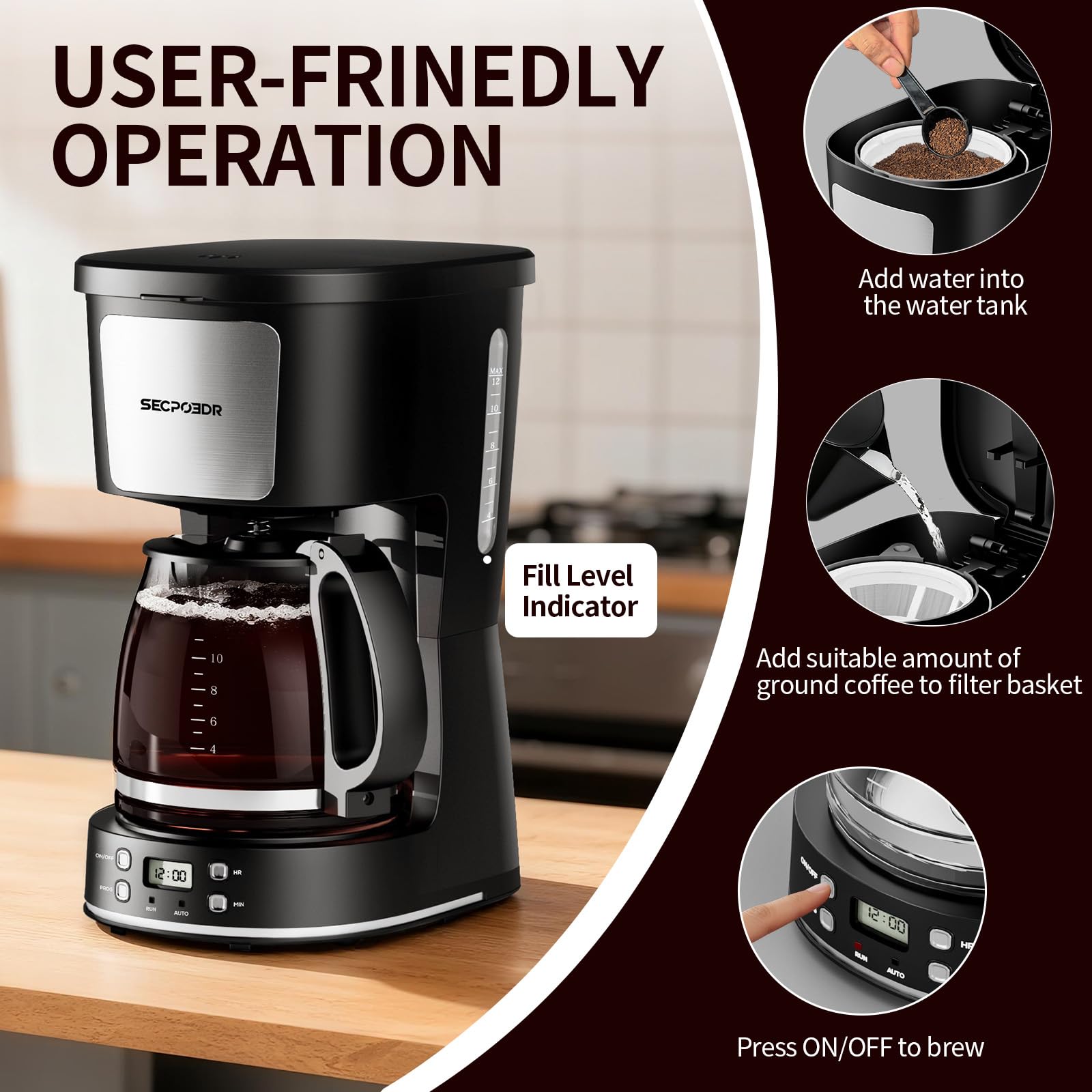 SECPOEDR 12 Cup Programmable Drip Coffee Maker, Auto Brew Coffee Machine