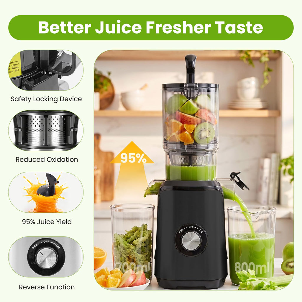 KMFurnila Slow Masticating Juicer Machines, Cold Press Juicer with Safety Lock & Reverse Function, 4.25" Feed Chute for Whole Fruits & Vegetables, High Juice Yield