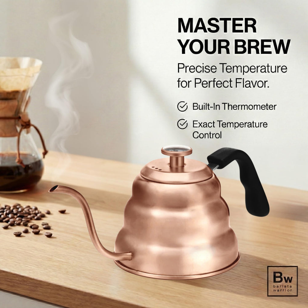 Barista Warrior Gooseneck Kettle with Built-In Thermometer for Pour Over Coffee & Tea - 1L Stainless Steel Kettle Stovetop Safe with Precision Spout